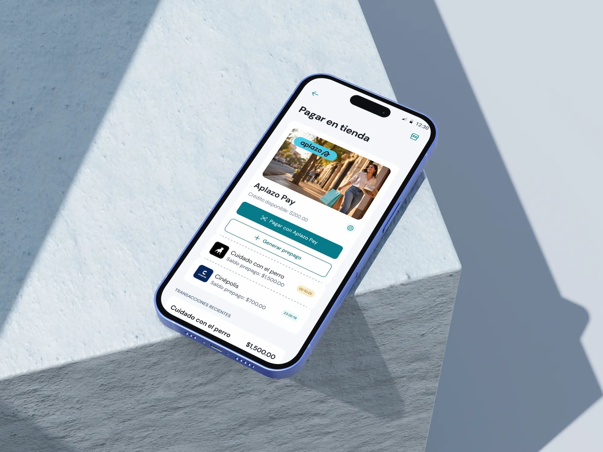 Aplazo pay-in-store screen on a tilted phone
